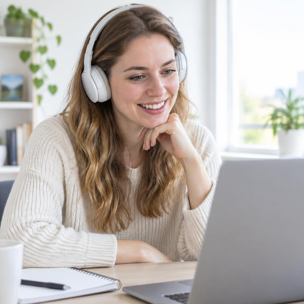 Smiling woman wearing headphones studying online
